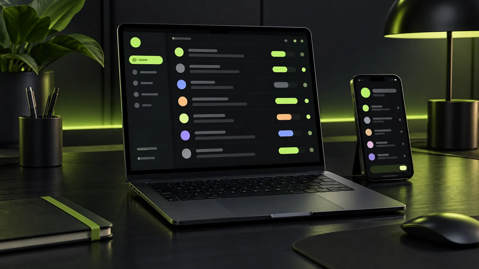 Laptop cu o listă de conversații marcate cu etichete, lângă un telefon, pe un birou