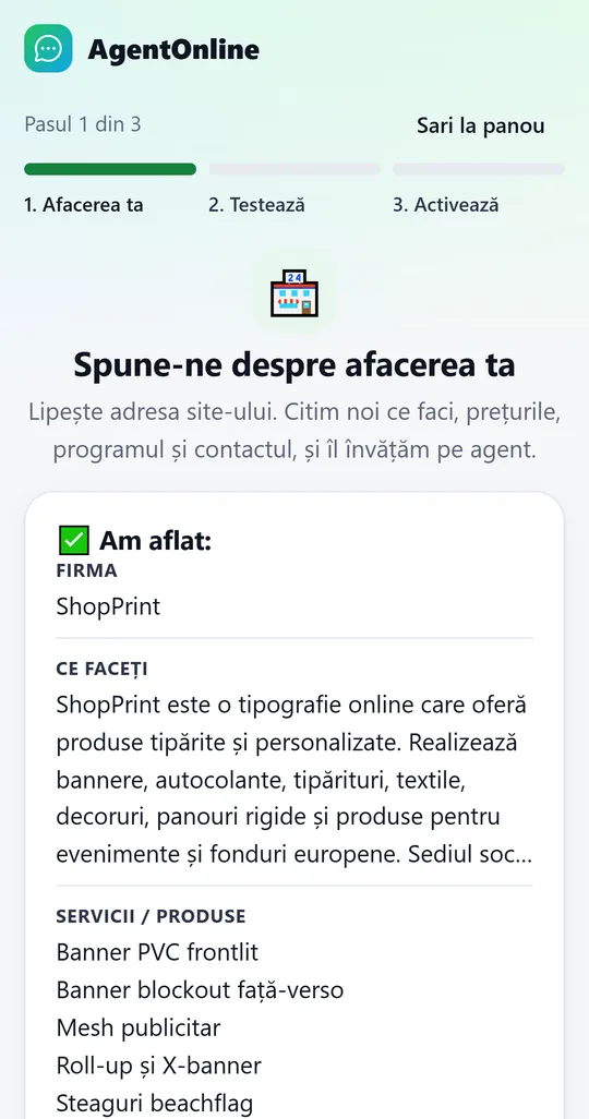 Captură din aplicație: pasul 1, rezumatul a ceea ce a aflat agentul din site